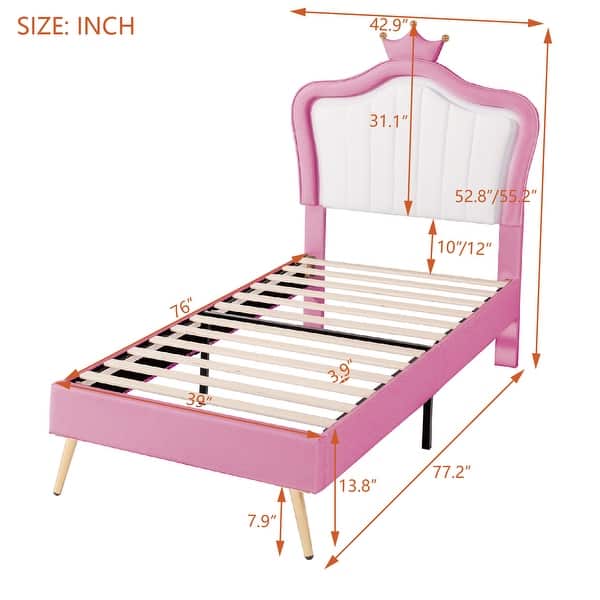dimension image slide 1 of 2, Twin Size Upholstered Platform Bed with Included LED Lights and Crown Headboard for Elegance