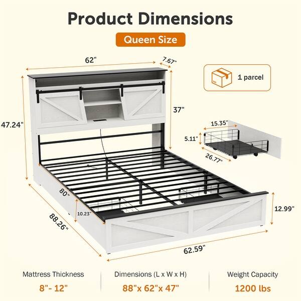 Farmhouse Queen Size Bed Frame with Storage Headboard and Drawers - Bed ...