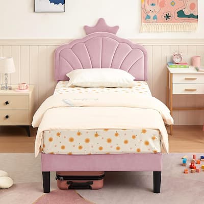 Javlergo Twin Size Platform Bed Frame with Crown Headboard Adjustable Height Upholstered Princess Bed for Kids