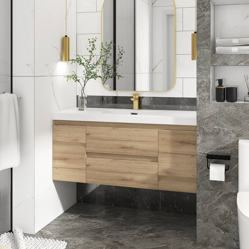 MDF Wall-Mounted Bathroom Vanity Set in Oak with Integrated Culture Marble Sink