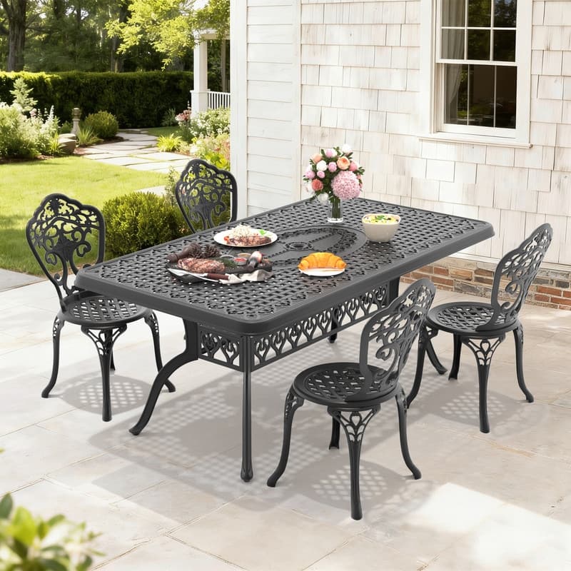 66.93in Rectangle Black Cast Aluminum Outdoor Dining Table with Unbrella Hole & 4 Outdoor Dining Chairs without Cushion