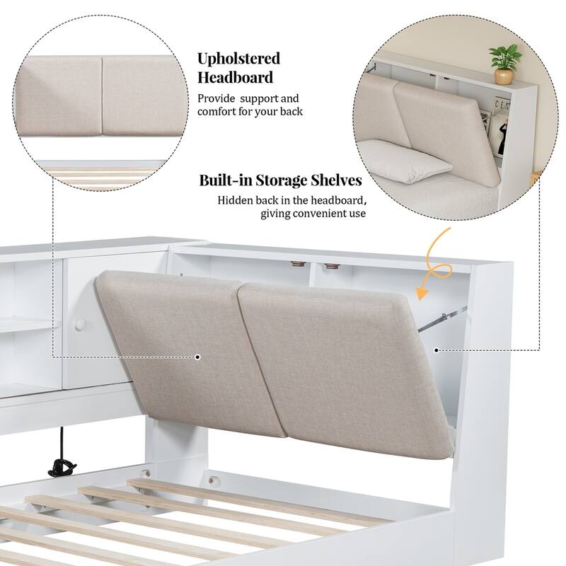 Wooden Twin Size L-shaped Daybed with Storage Bookcase