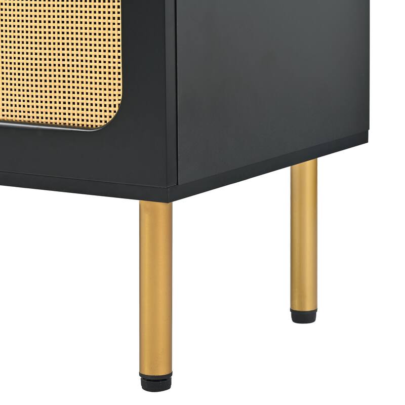 Rattan TV Stand for TVs Up to 70", Wood Media Console Table with 3 Cabinets, TV Media Storage Cabinet for Living Room