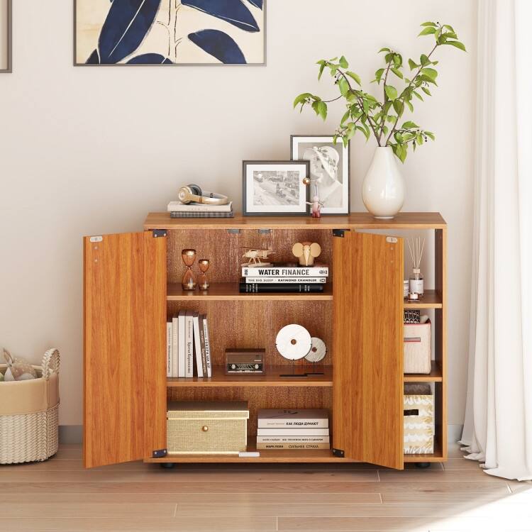 Shoe Storage Cabinet with Doors and Open Shelves Adjustable Wooden Entryway Organizer - 31.5" x 12" x 25.5"
