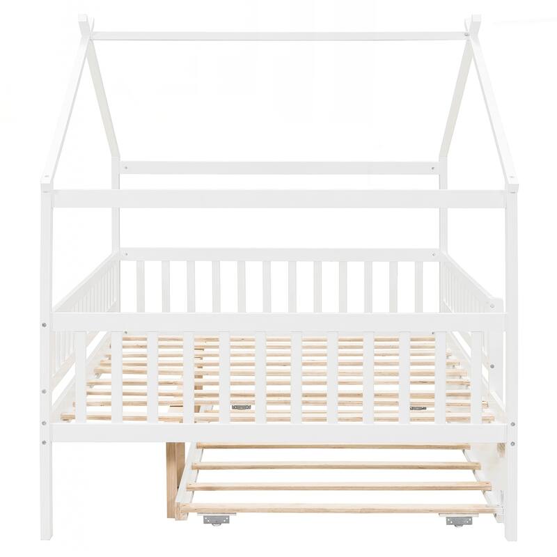 Full Size Wooden House Bed with Twin Size Trundle