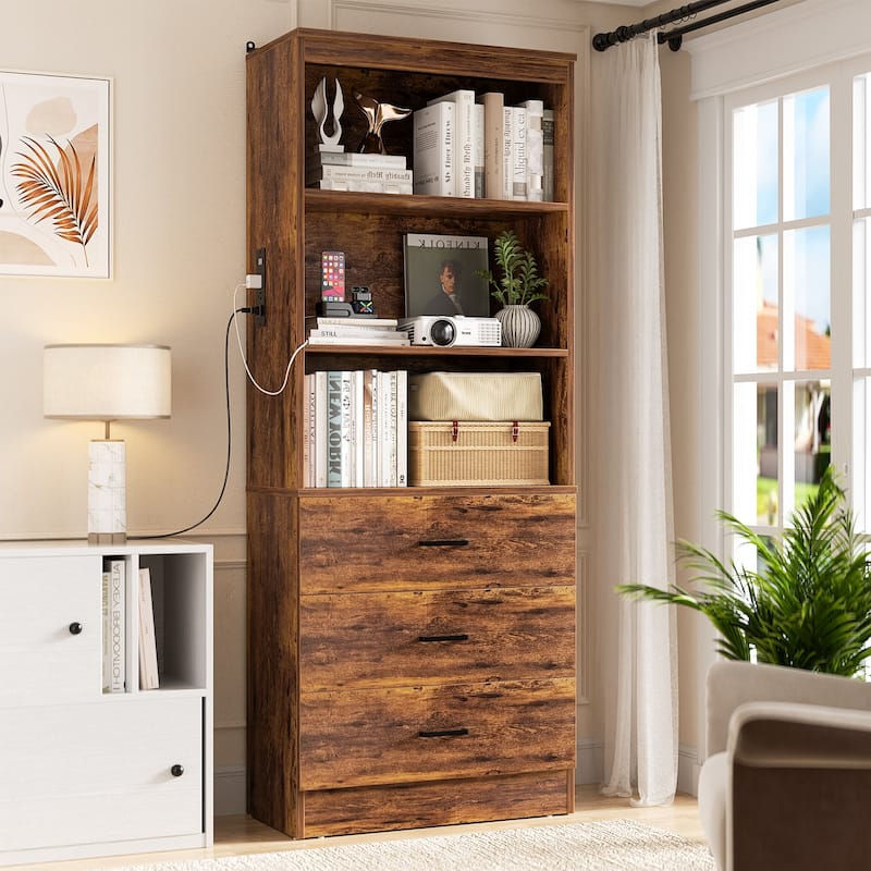 6-Tier 23.6'' Display Cabinet with Charging Station and Drawers, Bookcase Storage Shelf Kitchen Pantry - Rustic Brown