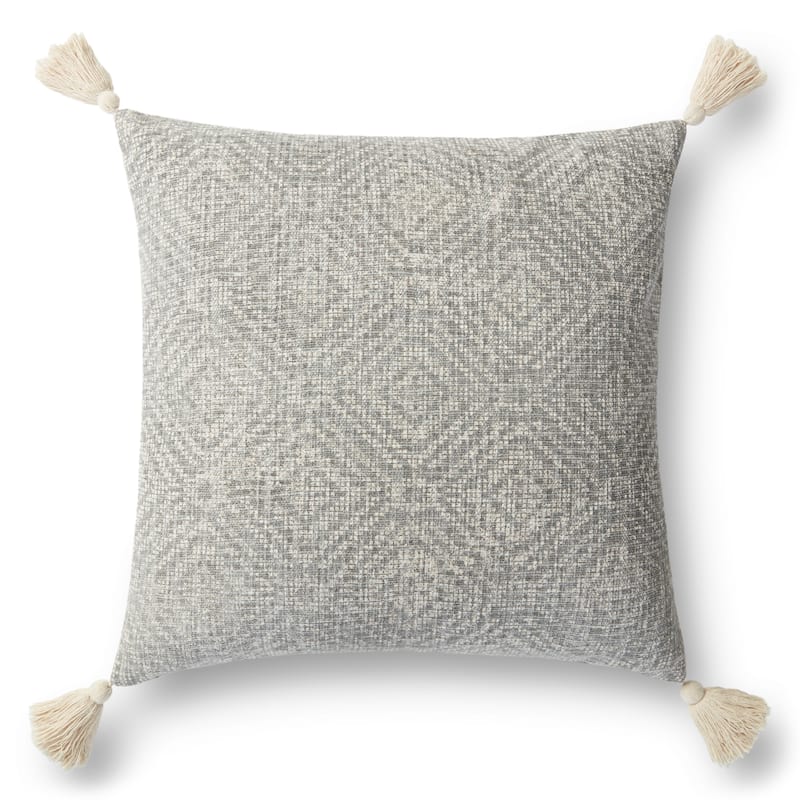 Alexander Home Distressed Tribal Diamond Tassel Pillow - 22" x 22" Cover w/Poly - Lt Grey
