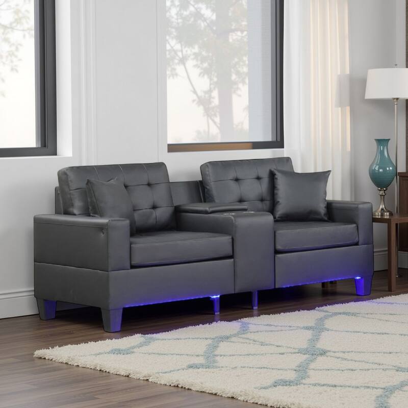 Iris Sofa with LED, USB Ports, Cupholders, Black Faux Leather 85 Inch