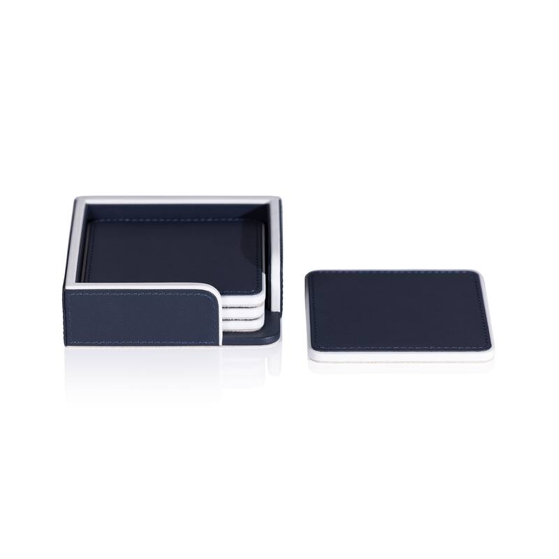 Nappa Leather 4-Piece Coaster Set on Tray - Navy & White