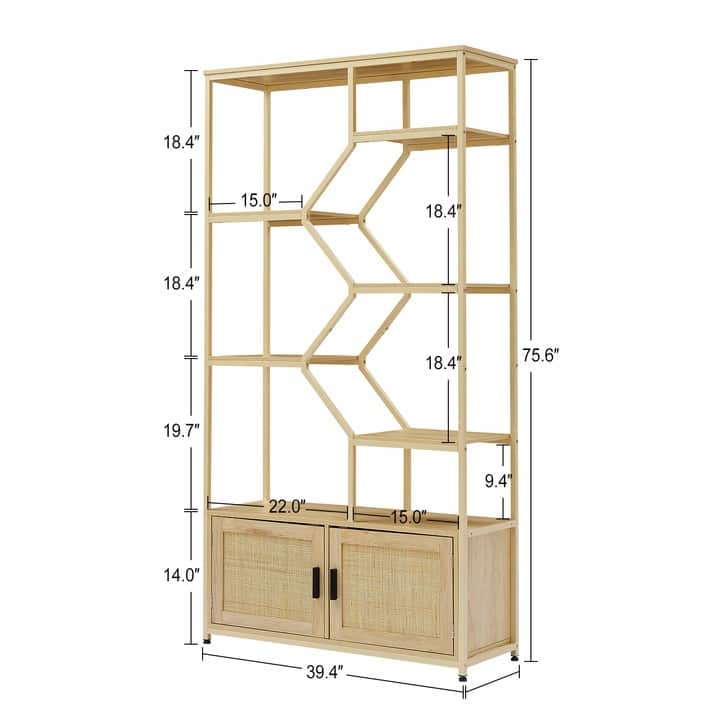 Rattan bookshelf 7 tiers Bookcases Storage Rack with cabinet for Living Room Home Office