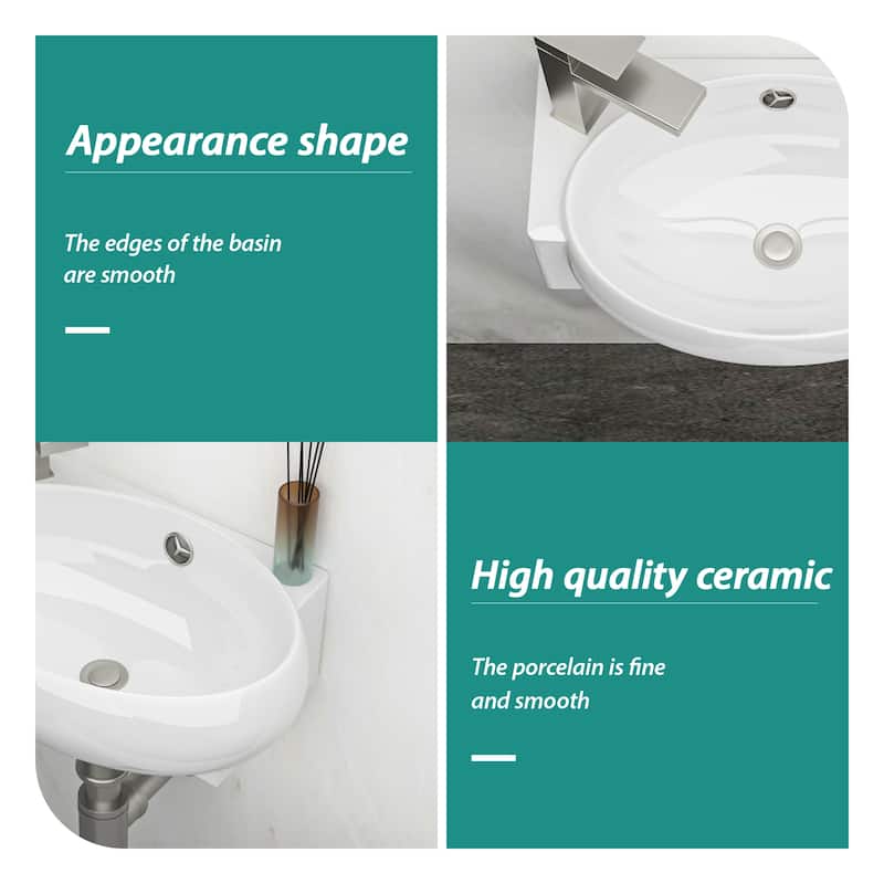 Modern 16-Inch White Ceramic Floating Bathroom Sink, Wall Mount with Single Faucet Hole