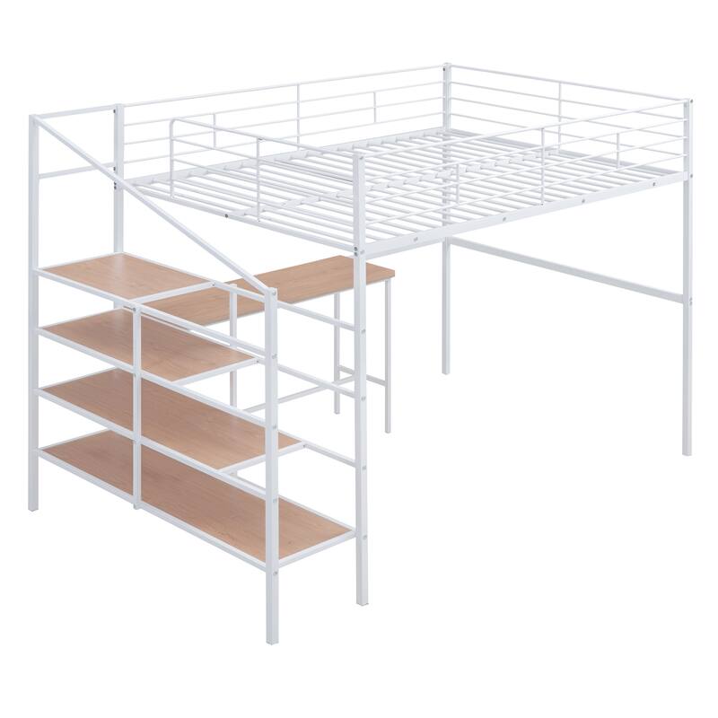 White Full Size Metal Loft Bed with Built-in Desk and Storage Ladder