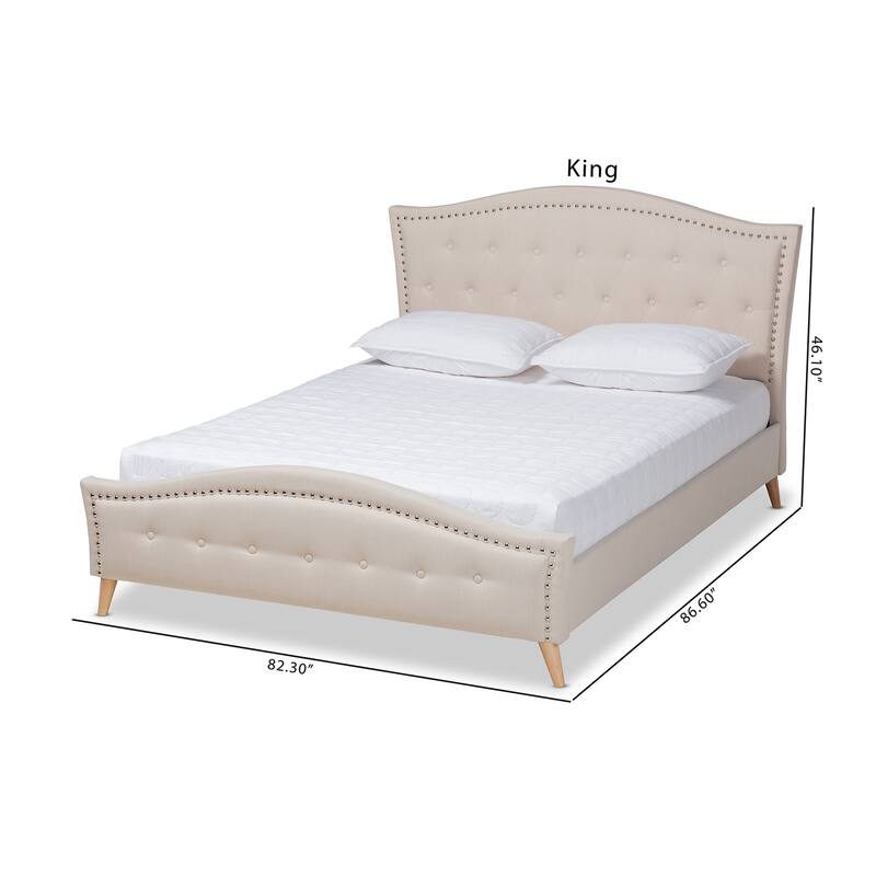 King Size Platform Bed - Modern Beige Upholstered Bed with Button Tufted Headboard & Angled Legs