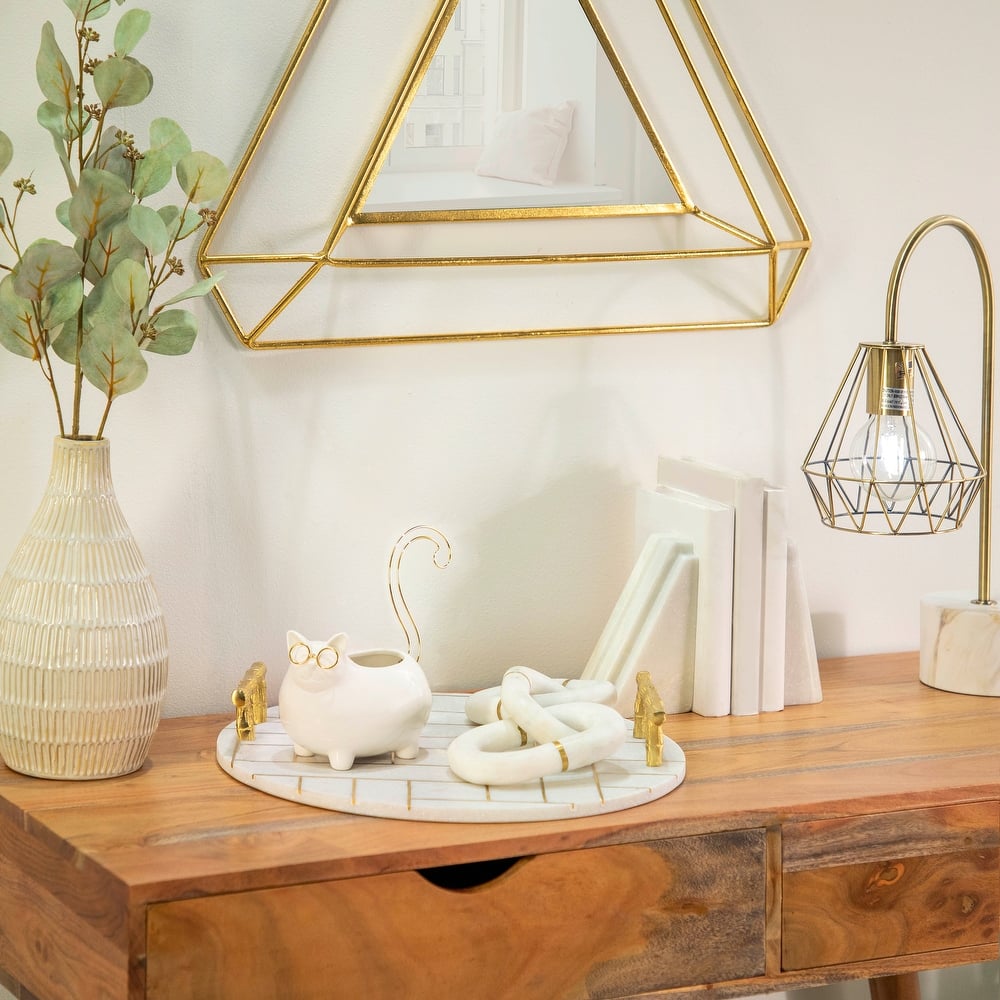 8" Kitty Trinket Tray Contemporary Ceramic White and Gold Cat Jewelry Holder Cute Cat Storage for Make-Up, Jewelry,