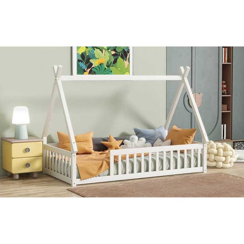 Roomfitters Twin Tent-Shaped Floor Bed with Teepee Frame, Rubber Wood Platform with Guardrails and Slats