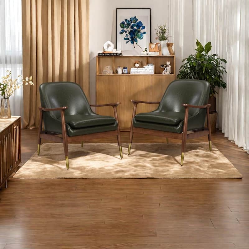 Faux Leather Mid-Century Accent Chairs (Set of 2) with Cushioned Seats, Solid Wood Frames, and Brass-Tipped Legs - Green