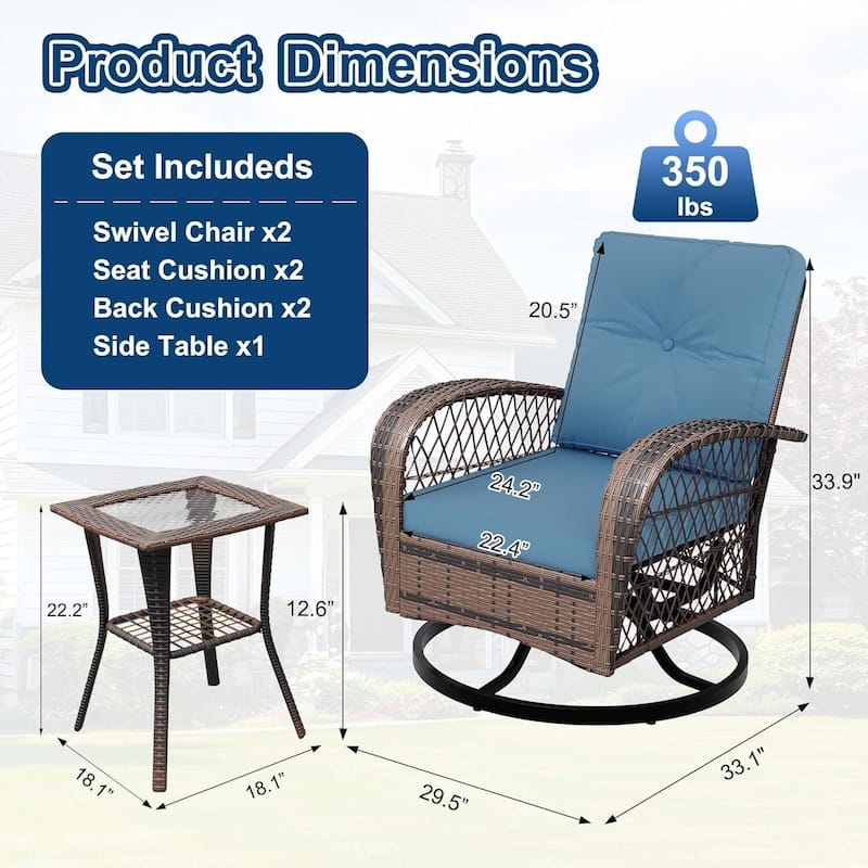 3-Piece Swivel Rocking Patio Chairs Set for Poolside Garden Deck - 3PCs