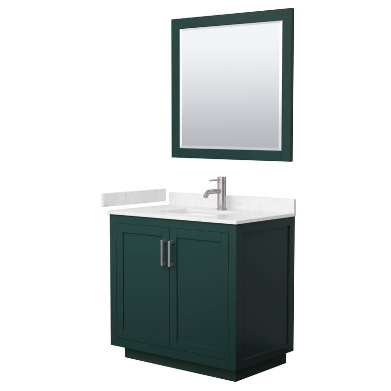 Miranda Single Vanity Set, Cultured Marble Top, 34-Inch Mirror - 36-Inch Single - Green, Nickel Trim, Carrara Cultured Marble Top