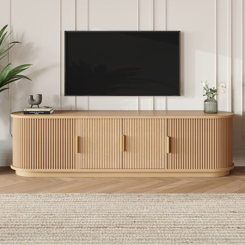 Farmhouse TV Stand & Coffee Table Set with Fluted Sliding Door & Golden Handles, for TVs up to 75"