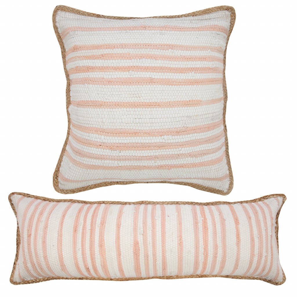 HomeRoots 20" X 20" Coral Pink White And Tan 100% Cotton Striped Zippered Pillow
