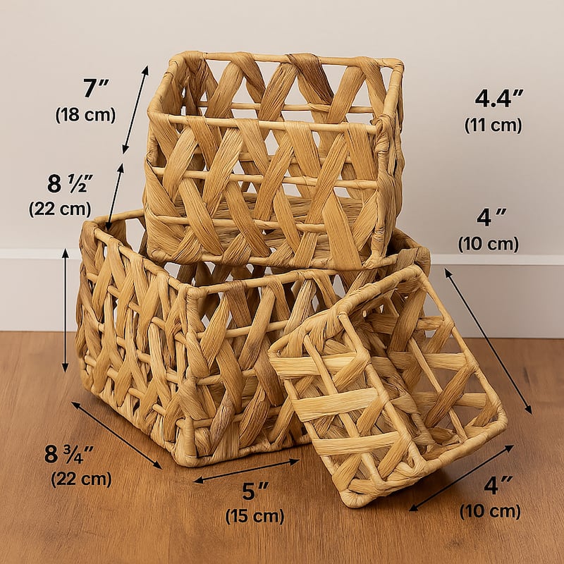 Rectangular Braided Water Hyacinth Baskets Handles Natural Set of 3 - 9"L x 8"W x 6"H