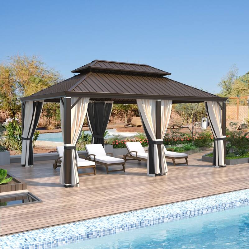 EROMMY Hardtop Patio Gazebo with Double Roof and Privacy Curtains, 12x16 FT Permanent Outdoor Metal Gazebo for Backyard, Deck - 12'x18' - Aluminum Frame
