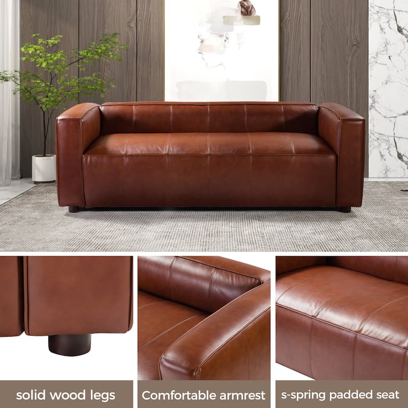 Donia Mid-Century Modern Leather 82" Curved Sofa with Wooden Legs by HULALA HOME
