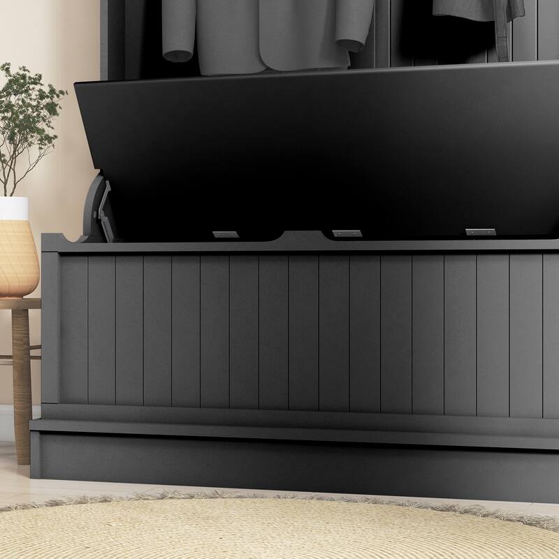 Hall Tree Cabinet Coat Rack with Shoe Bench, Storage Cabinet with Anti-Tip Wall Anchor & Four Double Hooks