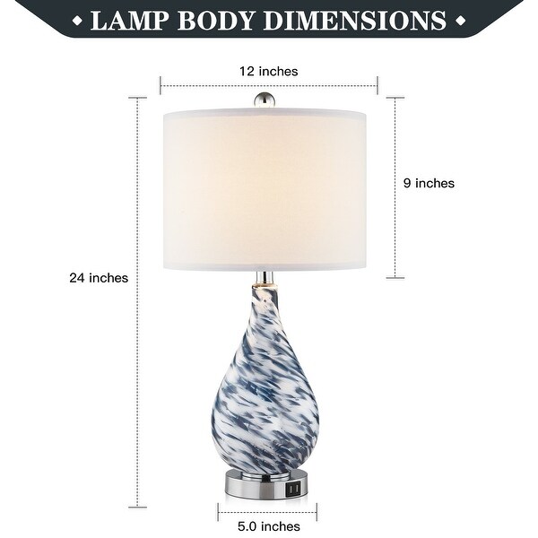 Cinkeda Table Lamp Blue Glass Touch Dimming USB Ports - 12'' x 12
