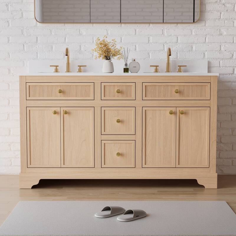 35''H Bath Solid Wood Vanity with Stain-resistant Carrera White Quartz Top And Single Sink - 60''Wx35''H