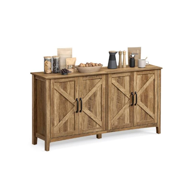 White Wooden Buffet Storage Cabinet with Adjustable Shelves and Glass Doors - 15.7"D x 59"W x 31.5"H - Rustic Walnut