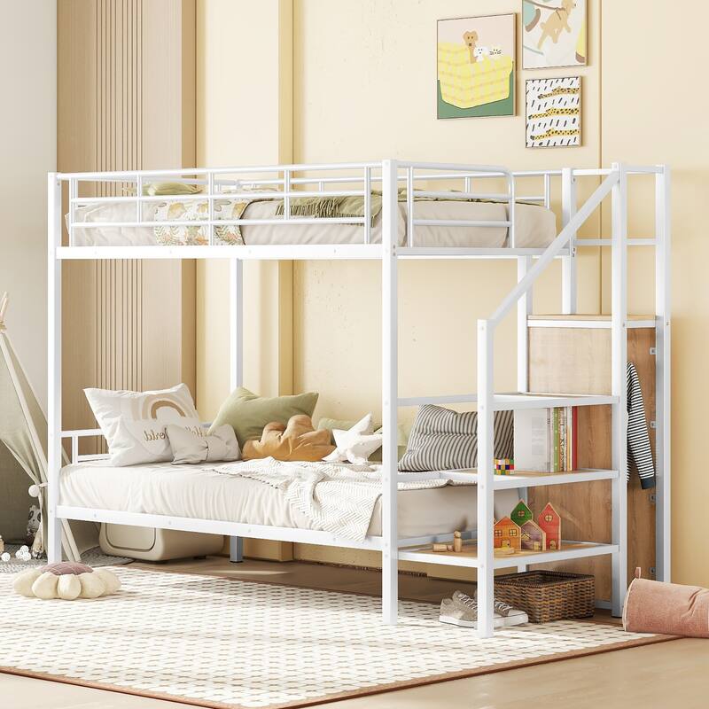 Twin over Twin Size Metal Bunk Bed with Lateral Storage Ladder and Wardrobe - Twin over Twin - White