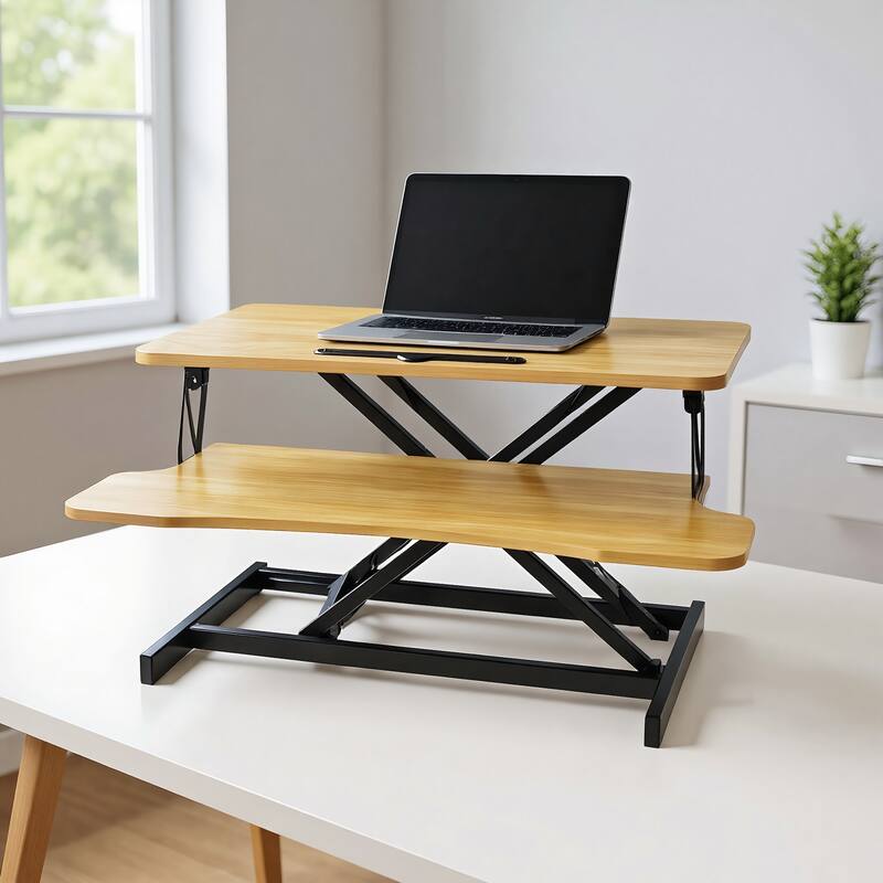 32 Inch Desk Converter, Height Adjustable Sit to Stand Riser, Dual Monitor and Laptop Workstation with Wide Keyboard Tray