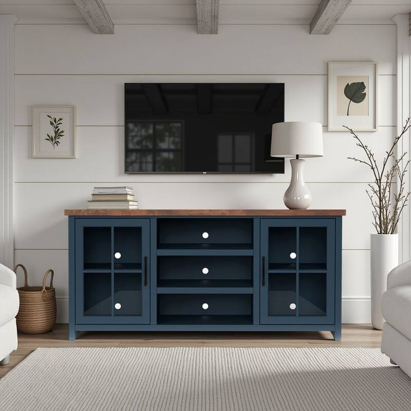 Bridgevine Home Modern Farmhouse 67 inch TV Stand Console for TVs up to 80 inches, No Assembly Required, Two-Tone Finish - Blue Denim and Whiskey