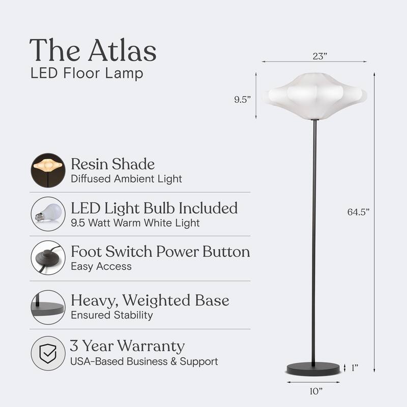 Brightech Atlas 67 in. Classic Black Modern & Contemporary LED Standard Floor Lamp with White Plastic Round Shade