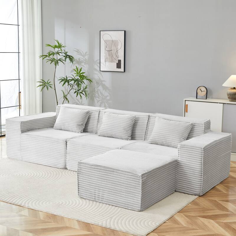 L-Shaped Modular Sectional Sofa,3-Seater with Ottoman,Striped Corduroy Fabric for Home, Apartment, Office