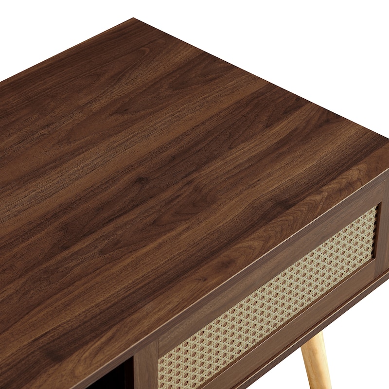 Anmytek Rattan Coffee Table with Storage Modern Walnut Living Room Centerpiece Organizer