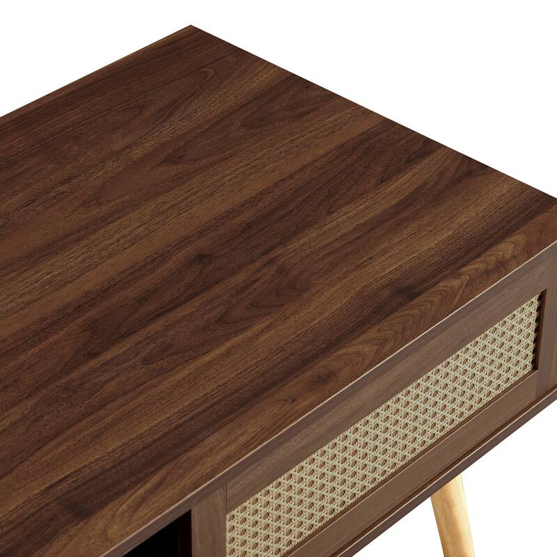 Rectangle Coffee Table with Solid Wood Legs, Sliding Drawer for Storage, Modern Table for Living Room