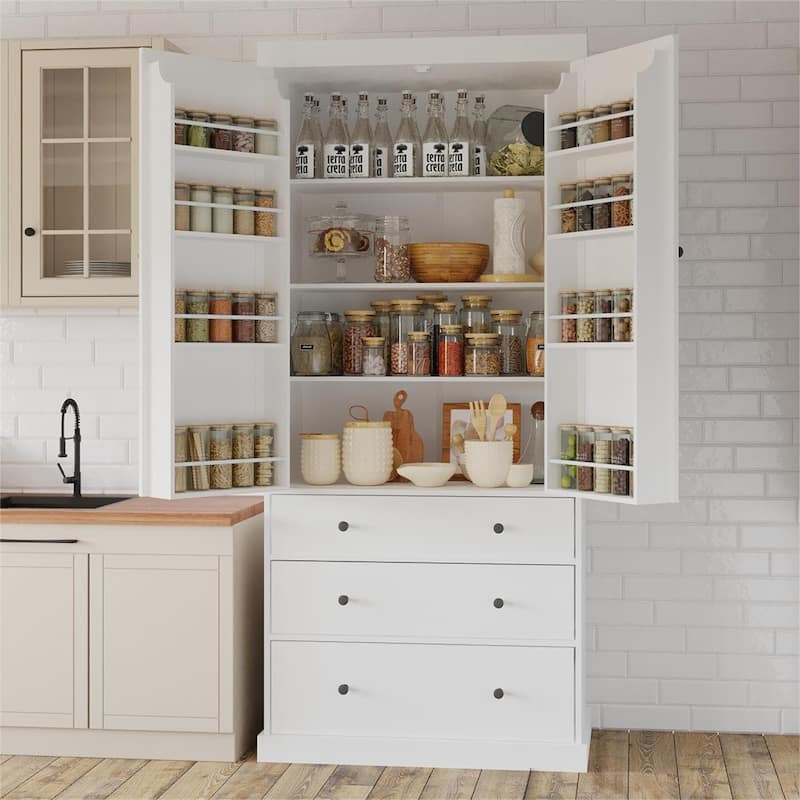 Freestanding Tall Cupboard Storage Cabinet w/ 8 Door Shelves, 3 Drawer - White