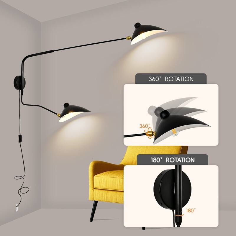 Modern Swing Wall Sconce 2-Light Black Wall Adjustable Lamp Indoor
