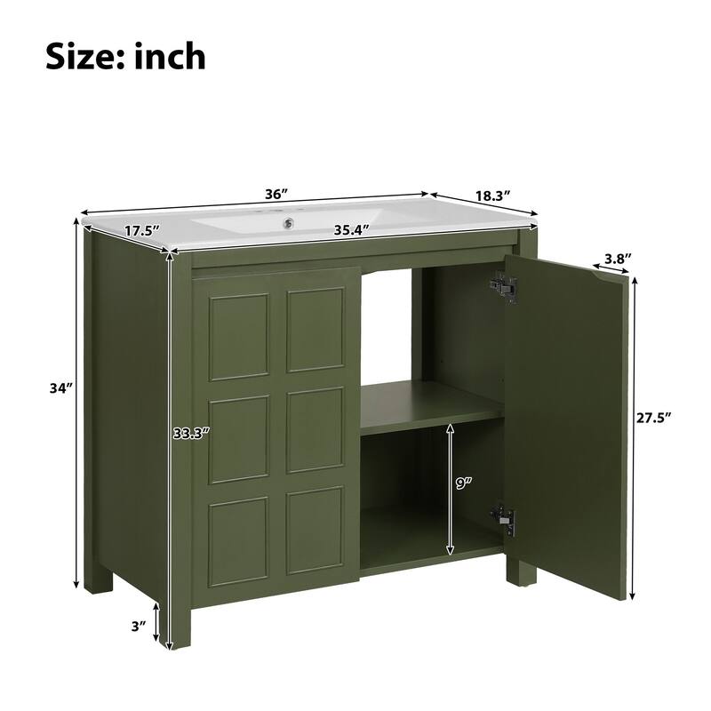 36" Rustic Bathroom Vanity Cabinet with Ceramic Sink -Solid Wood Freestanding Organizer with Soft Close Doors.