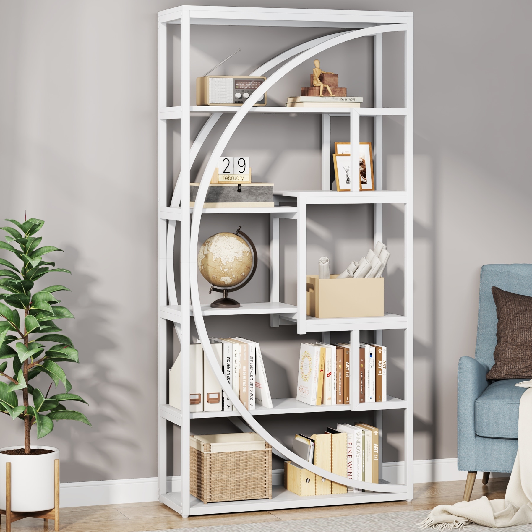 5 Tier Open Bookshelf, Tall Display Shelf with Geometric Design