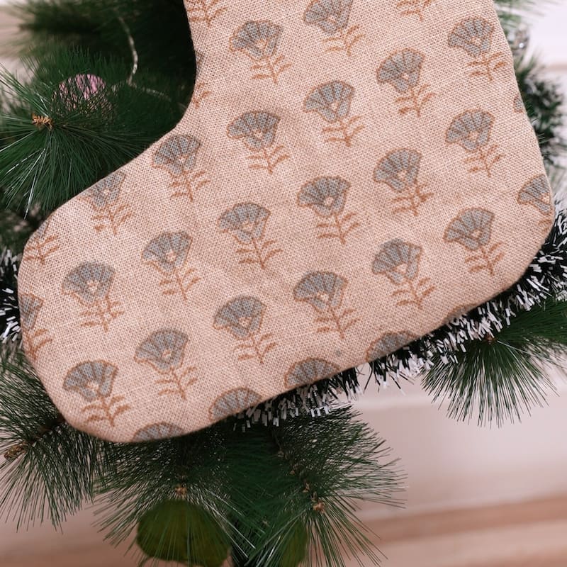 Fabdivine Handmade Christmas Stocking Floral Block Print 10X4.5 Inch Tassel Loop for Home Décor - 10"X4.5"