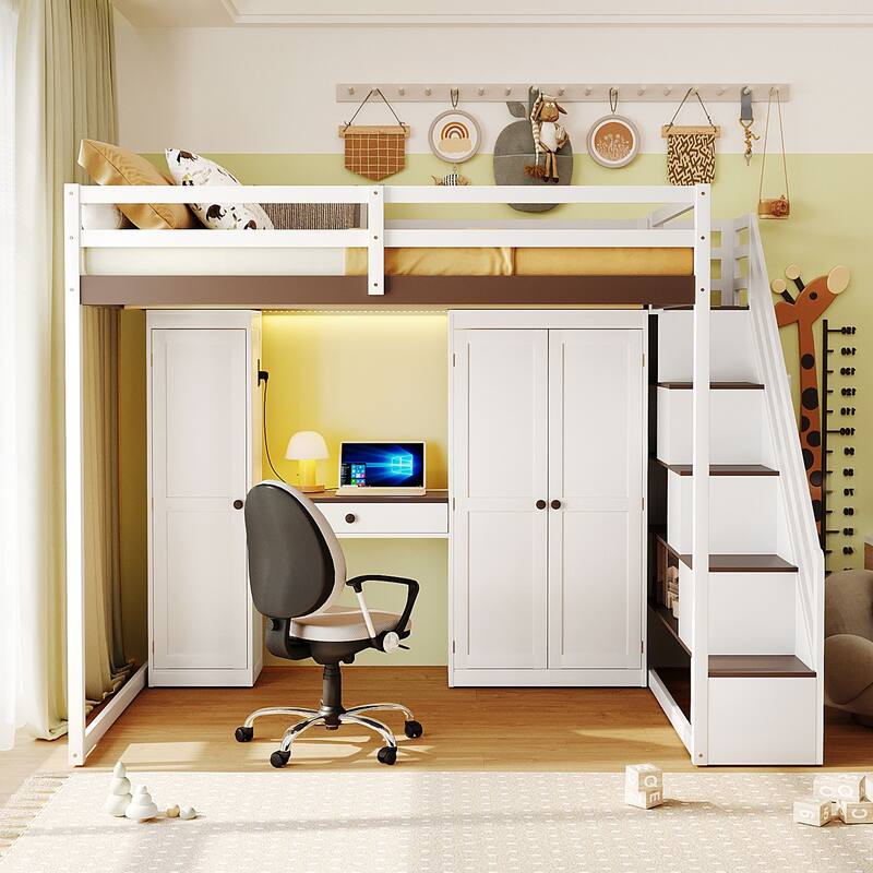 Full Size Loft Bed with Storage Staircase, Built-In Dressing Table, USB Ports & Lights by Harper&Bright Designs
