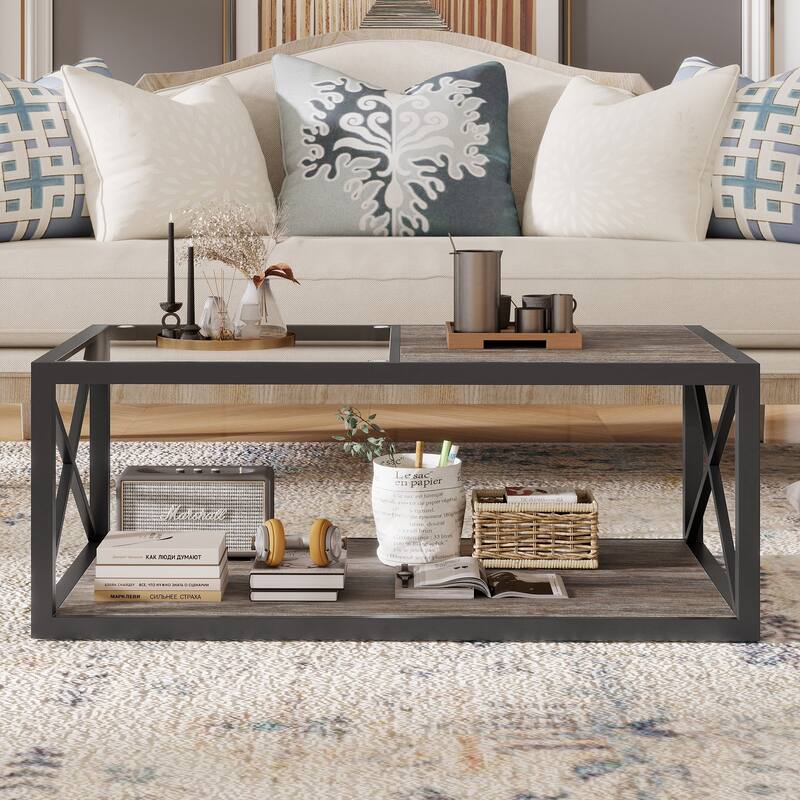 Modern coffee table, Tempered Glass&Natural Wood MDF Top,Industrial Style coffee table