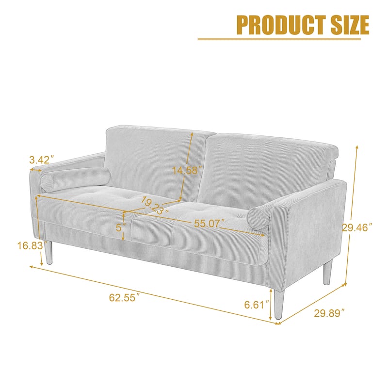 Modern Corduroy Upholstered 2 Seater Sofa with Bolster Pillows