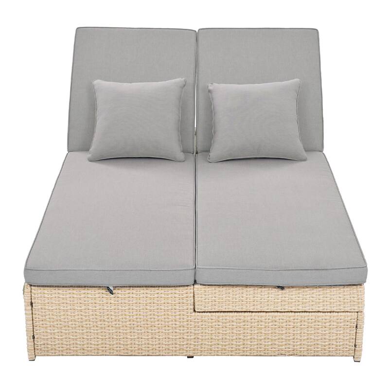 Brown PE Rattan Outdoor Double Sunbed with Adjustable Backrest and Seat