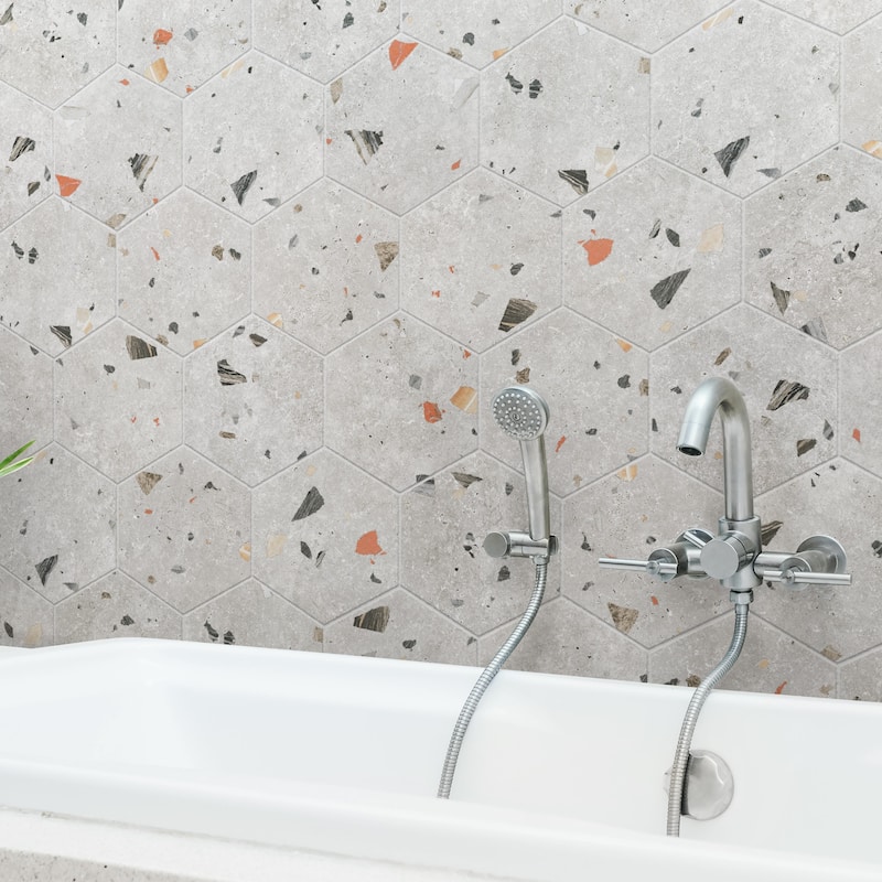Merola Tile Sonar Hex Silver 8-5/8" x 9-7/8" Porcelain Floor and Wall Tile