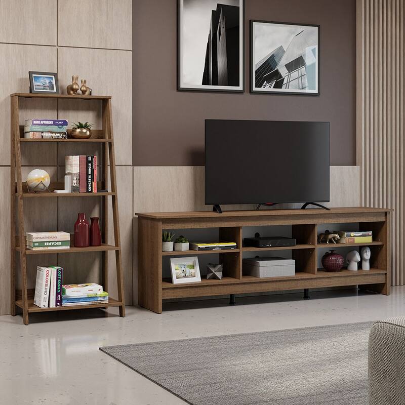 Madesa 6 shelves TV Stand 70" and Ladder Shelf - Rustic - Brown