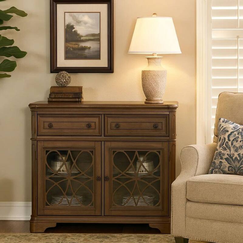 Traaditional Style Wooden Server with Two Spacious Drawers, Brown